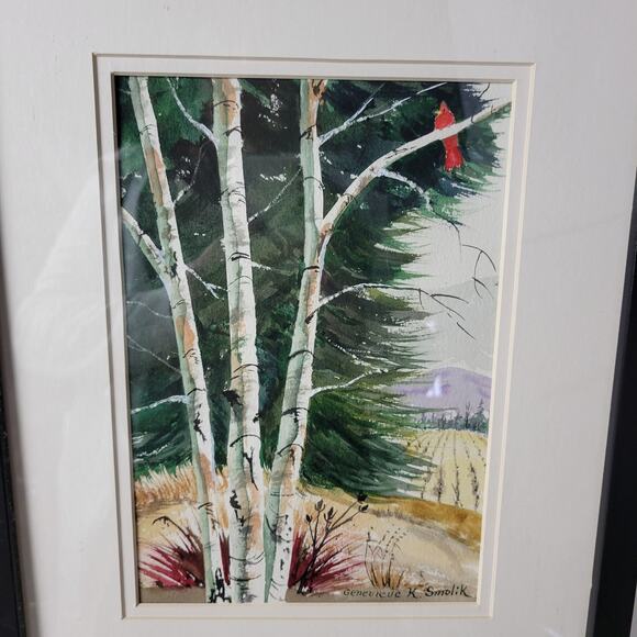 Genevieve K. Smolik Painting #941 Birches Cardinal Signed Hanging Framed Artwork - Picture 4 of 14